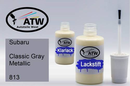 Subaru, Classic Gray Metallic, 813: 20ml Lackstift + 20ml Klarlack - Set, von ATW Autoteile West.